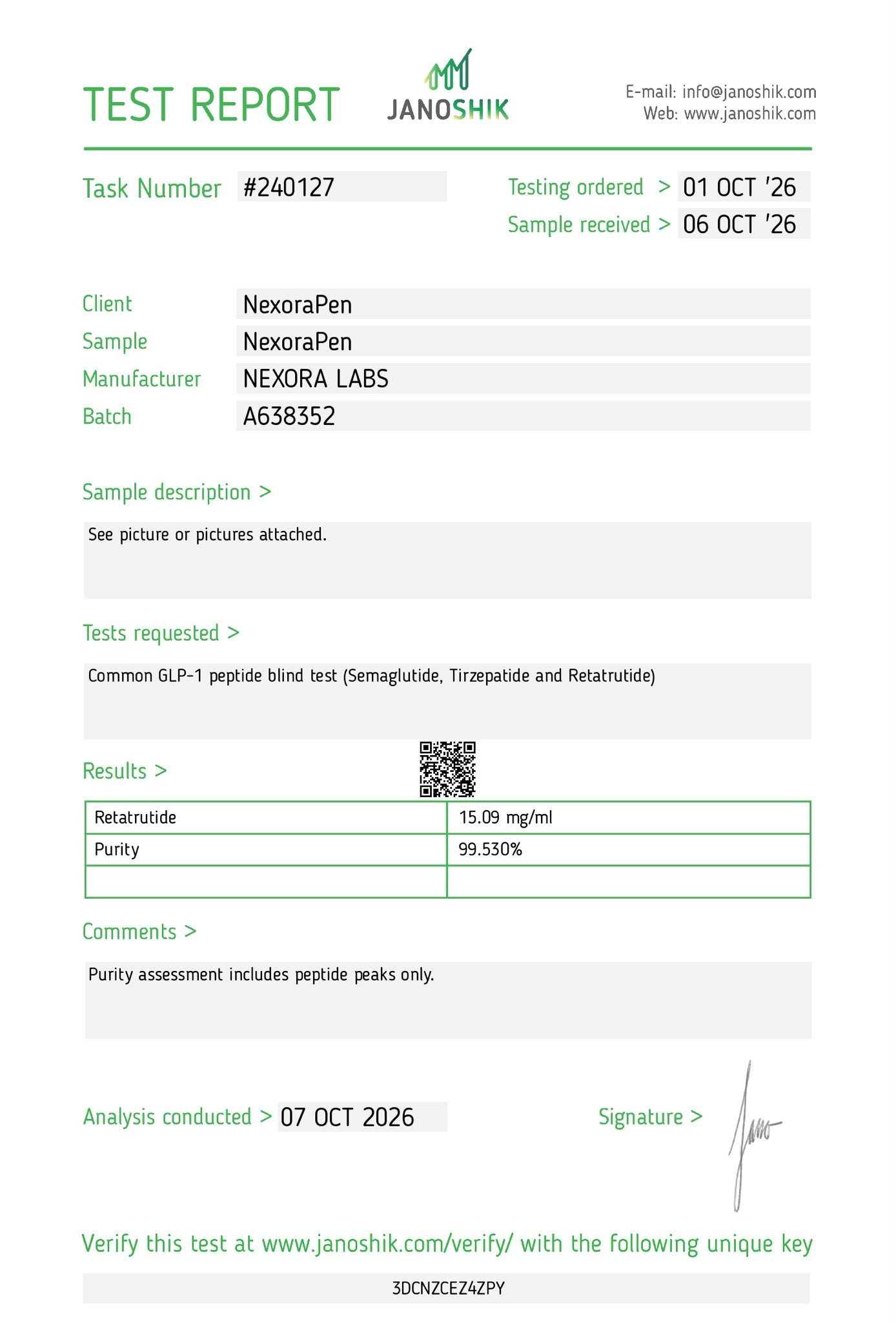 Certificate of analysis for NexoraPen, batch A638352
