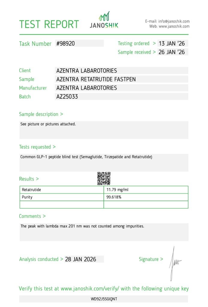 Certificate of analysis for SuperJabs Retatrutide 40mg, batch AZ25033